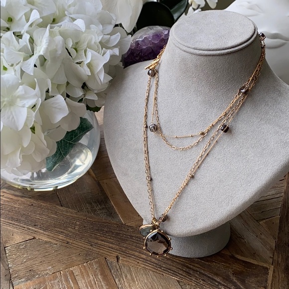 Labradorite & Brown Quartz Long Gold Necklace - Picture 1 of 8